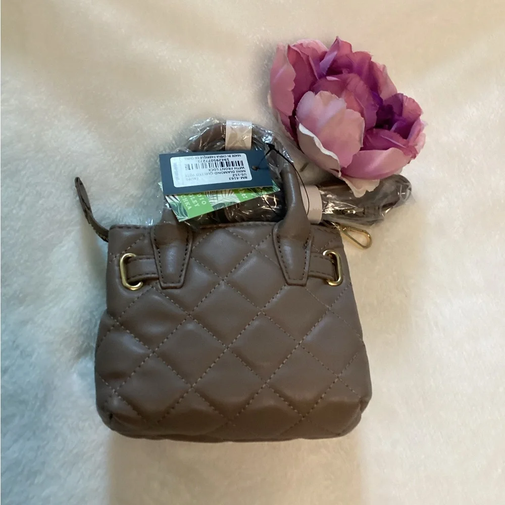 Badgley Mischka Sm Diamond Quilted Taupe Purse Bag Tote - Picture 2 of 6